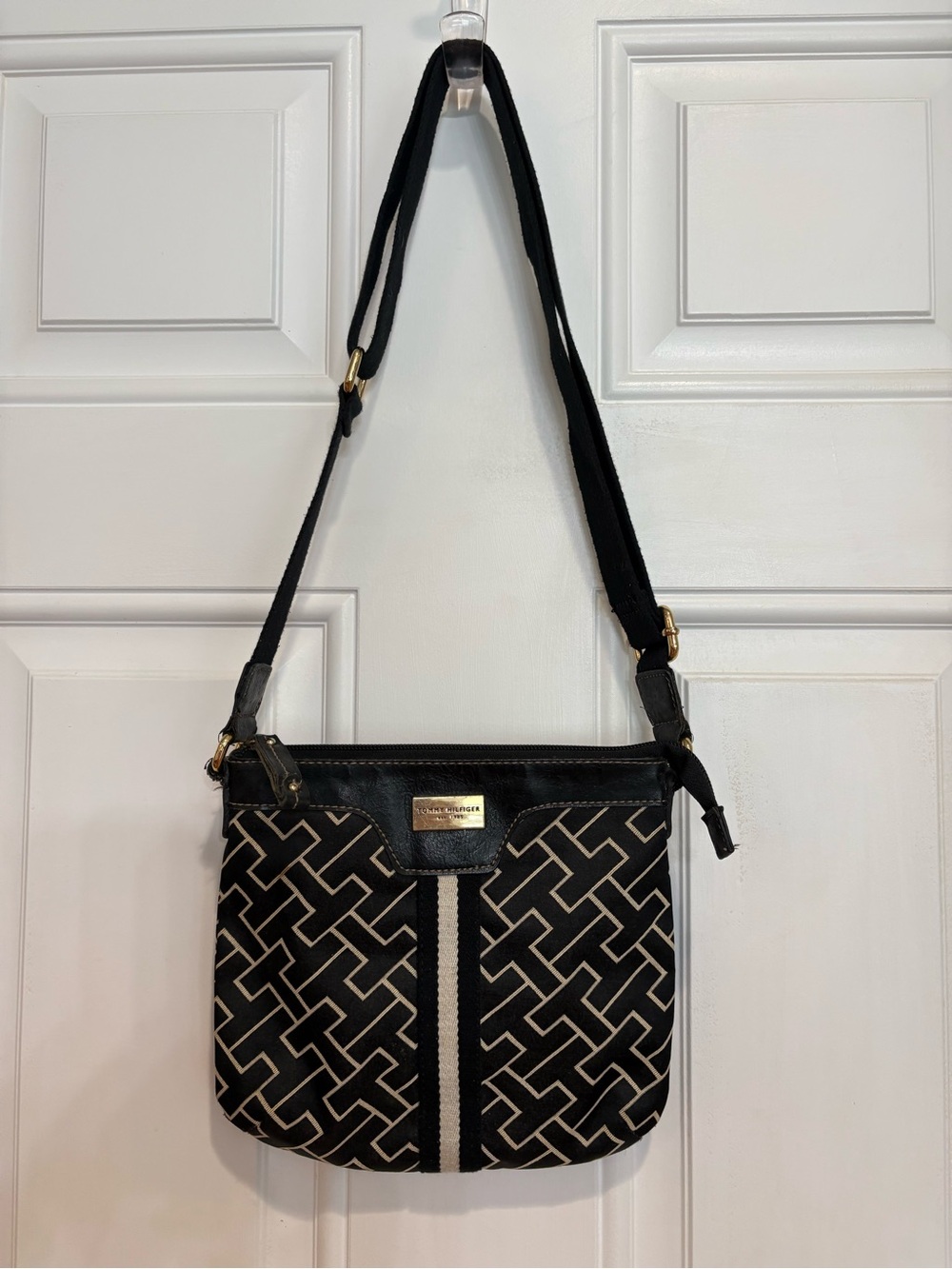 Tommy Hilfiger Monogram Jacquard Crossbody Bag, Black and Cream